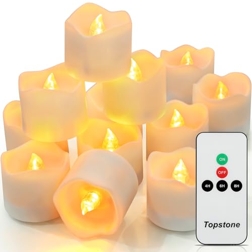Image of Topstone Flickering Flameless Fake LED Tea Lights with Dual Remotes, Dimmable Steady & Flicker Modes, 12 Pack Bulk Battery Operated Candles for Christmas Halloween Holiday Decor