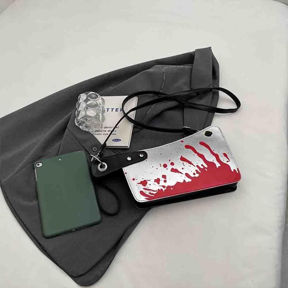 PU Leather Creative Prank Knife Shoulder Bag, Japanese Cartoon Gothic Horror Crossbody Bag, Bloody Axe Chopper Clutch Purse