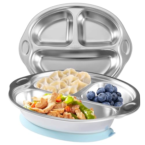 Mrs. Chou® BPA-Free 100% Food-Grade Stainless Steel Baby Plates with Suction Divided Designed for Babies and Toddlers, Ideal for Kids Infant Baby-Led Weaning Toddler Feeding Supplies Dishwasher Safe by Mrs. Chou - Used condition - CA$13.74