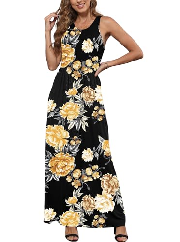 Image of EUOVMY Women's Sleeveless Dress Casual Plain Loose Summer Long Maxi Dresses with Pockets