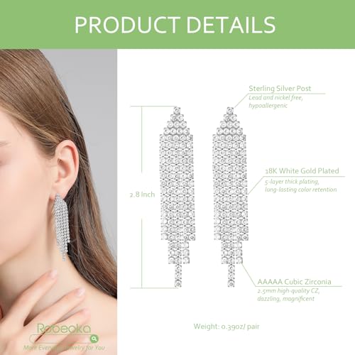 Silver Cubic Zirconia Tassel Earrings for Women, 18k Gold Plated Crystal Dangle Drop Bridal Earrings for Weddings, Diamond Long Statement Dangling Chandelier Earring for Costume Prom4