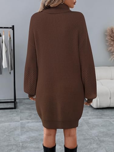 Image of Women's Turtleneck Textured Lantern Sleeve Ribbed Knit Mini Dress Pullover Oversized Sweater Dresses S-XL