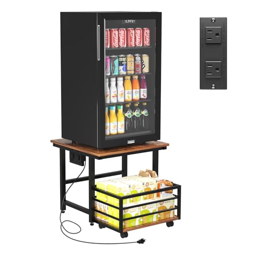 EYOCAL Mini Fridge Stand with Power Outlets, 19.7" x 19.7" Large Tabletop Heavy Duty Stand with Pull-Out Basket, Adjustable Feet & Wheels, for Kitchen, Dorm, Office, Rustic Brown and Black by EYOCAL - Used condition - US$46.03