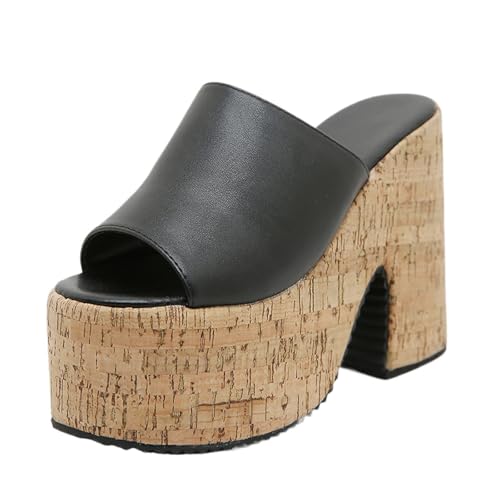 Women's Leather Round Open Toe Platform Chunky Heel Slide Sandals Fashion Black Anti-Slip Slip On Super High Heel Summer Sandals Beach Outdoor Casual Slipper