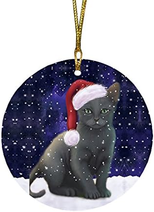 Let It Snow Russian Blue Cat Round Flat Ornament - Pet Decorative Hanging Ornaments for Christmas X-mas Tree Decorations - 2.75" Round Ceramic Christmas Ornament POR1522