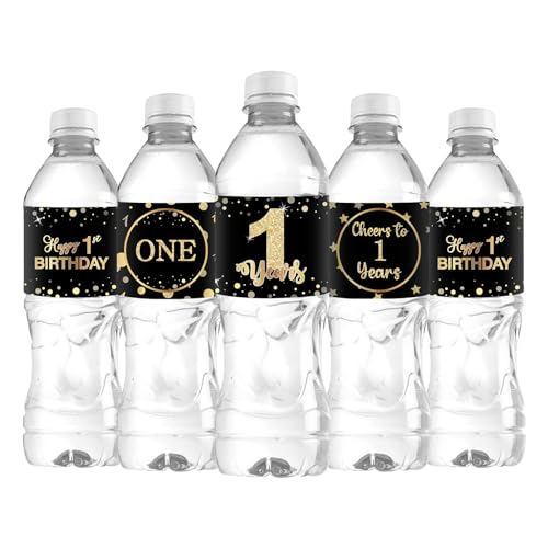 WIDEIDEAL 33Pcs Happy 1st Birthday Water Bottle Labels, Boy or Girl First Birthday Stickers for One Year Old Birthday Party Decorations Sign Black