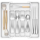 Lifewit Silverware Drawer Organizer, Expandable Utensil Tray for Kitchen, BPA Free Flatware and Cutlery Holder, Adjustable Plastic Storage for Spoons Forks Knives, 8.5-14 x 12', White