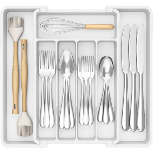 Lifewit Silverware Drawer Organizer, Expandable Utensil Tray for Kitchen, BPA Free Flatware and Cutlery Holder, Adjustable Plastic Storage for Spoons Forks Knives, 8.5-14 x 12", White