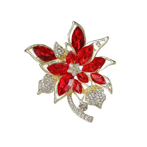 Red Crystal Flower Brooch Pin for Women, Silver Tone Rhinestone