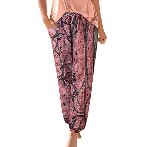 Women's Casual Summer Harem Pants Floral Printing Beach Pants Long Trousers Breathable High Waist Boho Pants With Pockets,Wide Leg Linen Pants For Women,Linen Pants For Women #TOP26