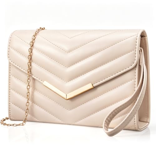 Larcenciel Nude Clutch Bags for Women Faux Leather Handbag with Wristlet & Chain Elegant Envelope Womens Clutches Quilting Stylish Shoulder Crossbody Bag for Wedding Dinner Prom Party 23x15x5CM