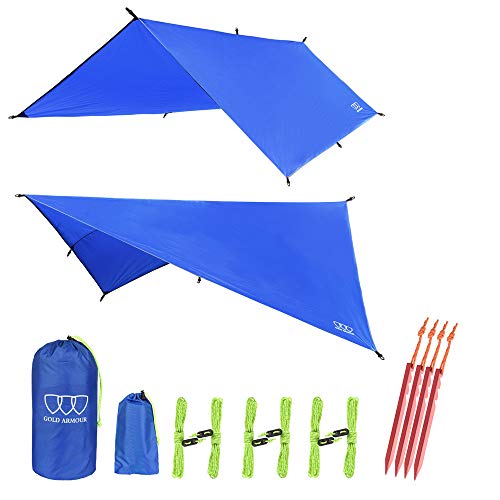 Gold Armour Rainfly Tarp Hammock, Premium 14.7ft/12ft/10ft/8ft Rain Fly Cover, Waterproof Ultralight Camping Shelter Canopy, Survival Equipment Gear Camping Tent Accessories (12ft x 10ft, Blue)