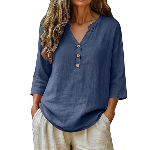 Linen Tops for Women Dark Blue XL - 2026 Summer Cotton Linen Tops V Neck 3/4 Length Sleeve Guaze Shirts Button Dressy Casual Blouses Daily Vacation Clothes