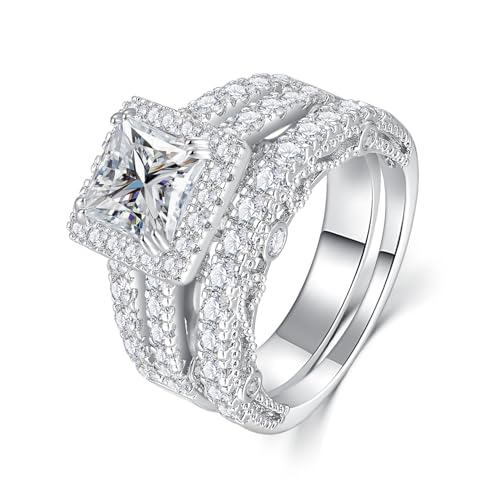 5CT Princess Cut Engagement Ring, Promise Wedding Cubic Zirconia White Gold Plated Band Set for Women Size 5-10