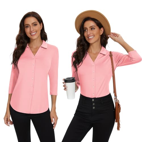 Image of Soneven Womens Golf Polo Shirts 3 /4 Long Sleeve V Neck Button Down Shirts Business Causal Work Blouses Tops