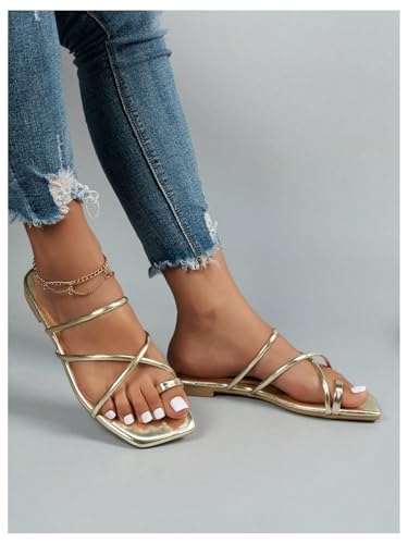 Image of GORGLITTER Women's Metallic Strappy Sparkly Square Toe Cute Dressy Sandals | Sandals Women Comfortable, Dressy Sandals, Slip on Slides, Rose Gold Slipper, Summer Slides