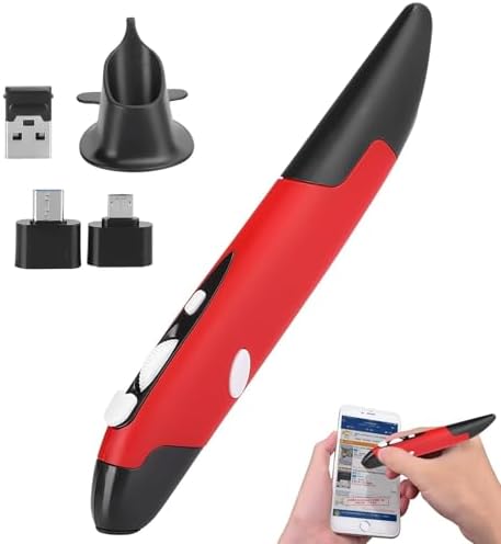 USB Wireless Optical Pen, Computer Stylus PC Wireless 2.4G Mouse Pen‑Type Personalized Innovative Vertical USB Computer Stylus for PC Laptop Mac Notebook Left Right Handed (Red)