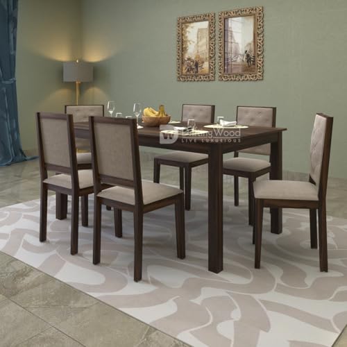 Image of DRIFTINGWOOD Izabel Dining Table 6 Seater | Six Seater Dinning Table with 6 Chairs for Home with Beige Cushions | Rosewood, Walnut Finish, Self Assembly(DIY)