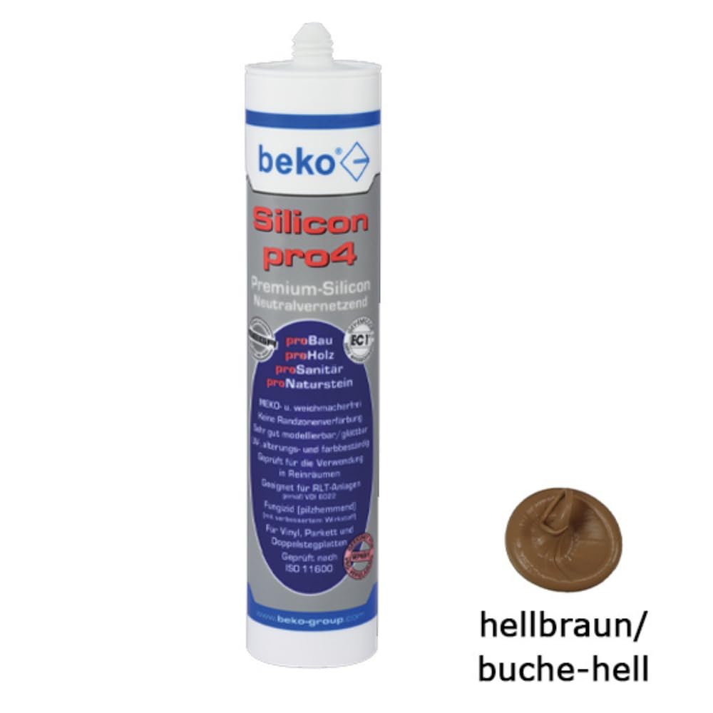 Beko Silicon pro4 Premium 310 ml + Big Wipes – Profi-Silikon für Bad, Küche & Bau – Schimmelresistent, haftstark, UV-beständig (Hellbraun/Buche hell, 10)