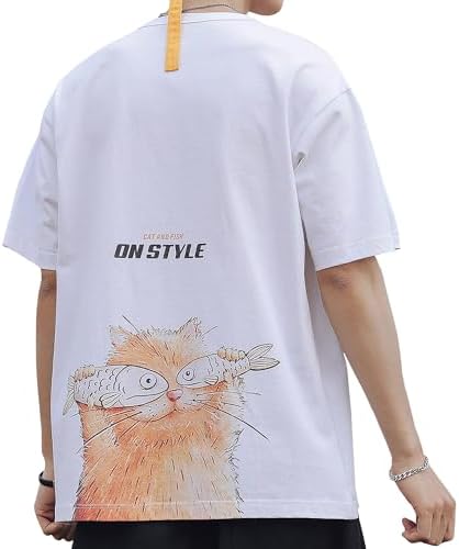 （09:00時点） [Easykode] Tシャツ メンズ 半袖 夏服 かわいい トップス 猫 ティーシャツ 人気 服 バックプリント tshirt はんそで ティシャツ 大きいサイズ なつふく オシャレ てぃーしゃつ カットソー 綿100 男女兼用 春 夏 white XL