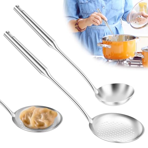 NIPUAEGO Slotted Spoon Soup Ladle Set of 2, Kitchen Cooking Utensil, Stainless Steel Cooking Spoons Set, Easy to Clean and Dishwasher Safe, Silver