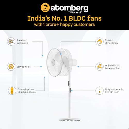 Image of atomberg SilenceAire Hi-Speed | | 400mm BLDC Pedestal Fan | 5-star rated | Home & Office | Silent Stand Fan | 60W | Remote | Height Adjustable | 2 Years Warranty (Snow White)