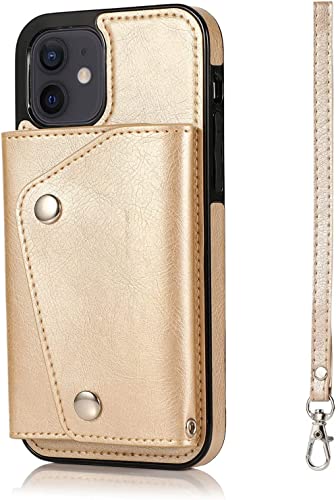 Étui portefeuille iPhone 12 cuir béquille antichoc couleur or 6.1