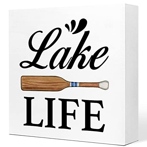 Summer Desk DecorLake Life Paddle Rustic Lake Wooden Plaque Sign Desk DecorRetro Lake Cabin Home Wood Block Sign Desk Decorations for Primitive Country Lake Farmhouse Shelf Table Decor