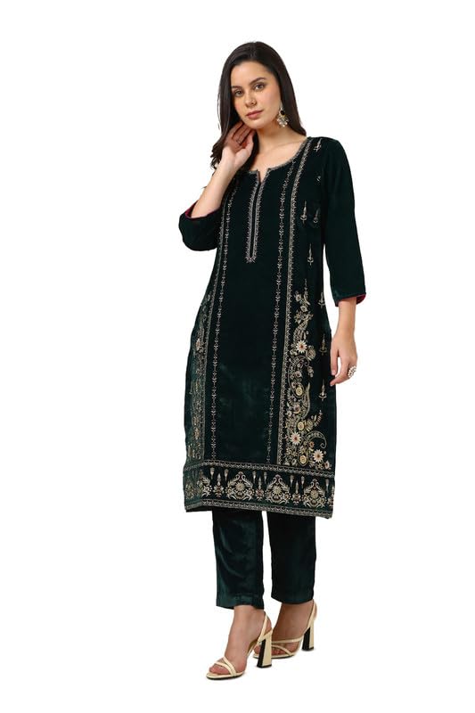 Image of Soch Womens Green Velvet Embroidered Kurta Set