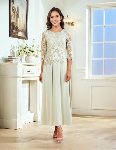 Long Chiffon Mother of The Bride Dresses for Women with 3/4 Sleeves Lace Applique Formal Wedding Guest Dress4