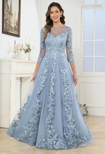 Women's Lace Applique Mother of Bride Dresses for Wedding with Sleeves Tulle Beaded Long Formal Evening Gowns4
