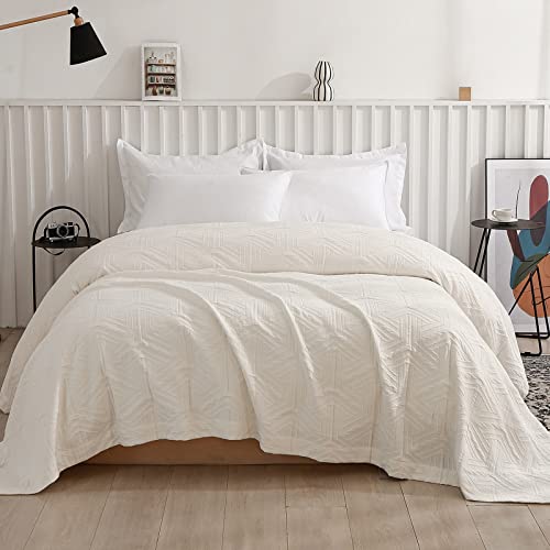Simple&Opulence 100% Washed Cotton Lightweight and Super Soft Bedspread/Coverlet, Jacquard Pattern Luxury Textured Quilt (Stanford White, Queen)