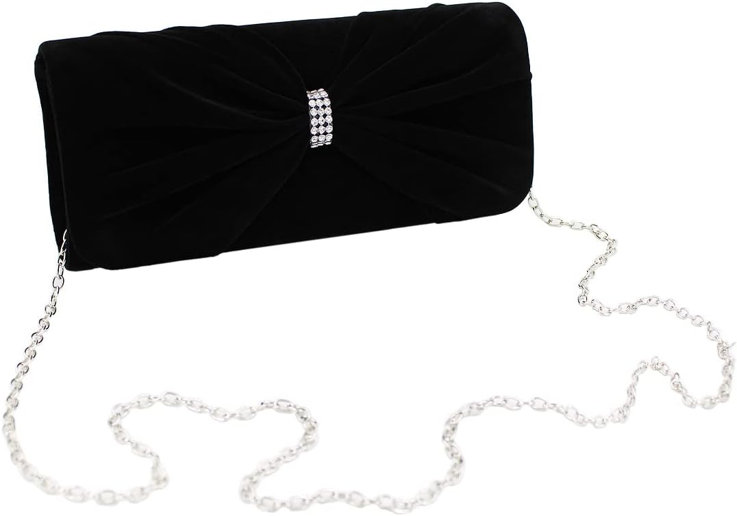 Elegant Rhinestone Bow Front Velvet Clutch Evening Bag Handbag - Image 3
