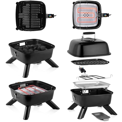 Wintem 2-in-1-Elektrogrill, tragbar, 2000 W, elektrischer Holzkohlegrill, Deckel mit Thermometer und einstellbarer Temperatur, abnehmbarer Elektrogrill, Maße: 43,5 x 45 x 25 cm