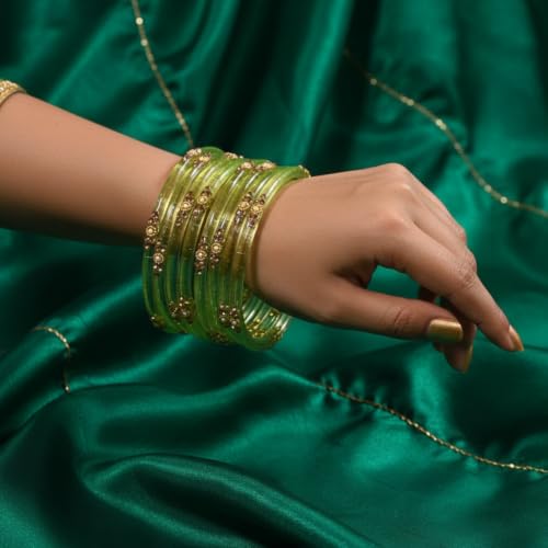 Image of SUNDRAM Women's Premium Fancy Glass Bangles for Women & Girls |with Zircon Gemstone Work & Charm| Traditional Ethnic Bangles Set of 12