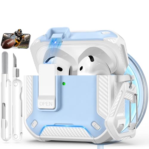 Image of for AirPods 4 Case with Lock & Phone Stand(Sky Blue) | Automatic Snap Switch Lock,Carbon Fiber Texture Design Cover with Cleaner Kit,Compatible with MagSafe
