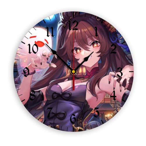 壁掛け時計 原神 胡桃 キャラクター柄 萌グッズ 壁時計 連続秒針 ウォールクロック フレームなし 電池式 PVC 丸型 アラビア数字 シンプル モダン 壁掛けとけい 部屋飾り 飾り 贈り物 直径30cm