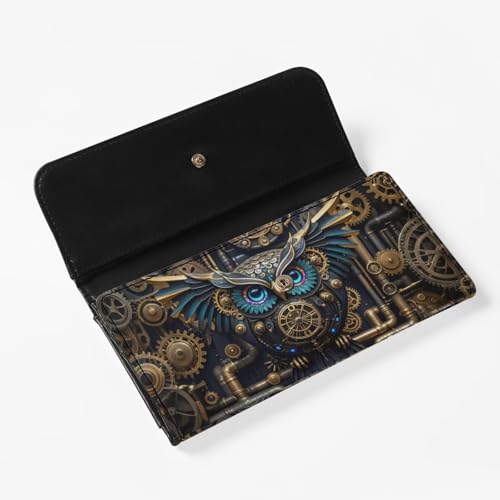 Mechanical Owl Bird Long Wallet for Women Steampunk Gears Pipes Printed PU Leather Slim Clutch Purse Wallet, Retro Victorian Clockwork Art Zipper Phone Organizer4