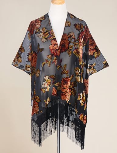 Image of MJ SERECA Women's Burnout Velvet Kimono Cardigan Cover Up with Tassel