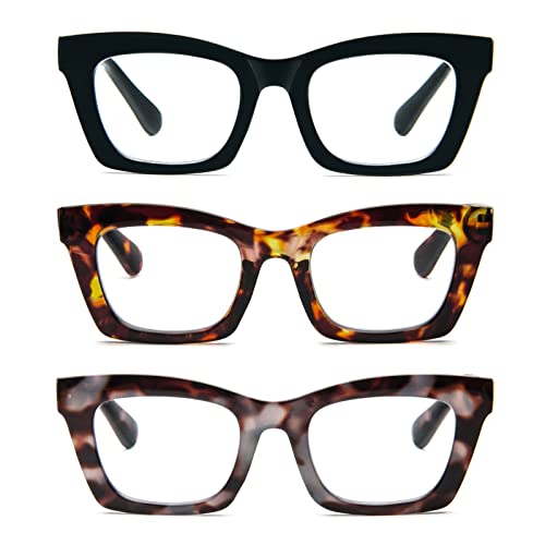 MMOWW 3 Pack Oversized Reading Glasses for Women Square Frame Fashion Style Readers Blue Light Blocking Reading Glasses (Black+Tortoiseshell+Grey-Blue Tortoiseshell