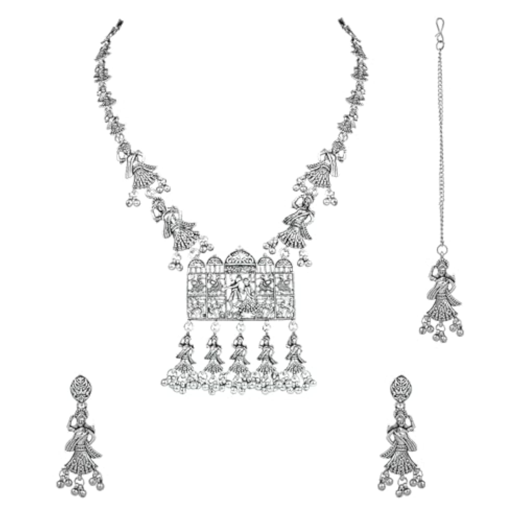 Women's Silver Oxidised Design Long Necklace Jewellery Set