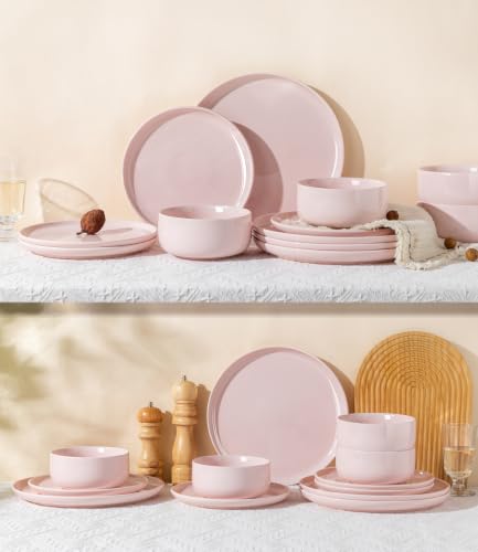 Image of TheTerra Ceramic Dinnerware Set for 4, 12-Piece Plates and Bowls Set | Handmade Reactive Glaze Dish Set, Scratch Resistant, Oven & Microwave & Dishwasher Safe, Blush Pink