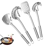 Absyrony 4 Pièces Ustensiles de Cuisine Inox, Spatule Cuisine, Batterie Inox, Louche, Ecumoire, Set, Outils de Cuisson, Ensemble Ustensiles
