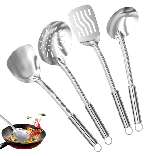 Absyrony 4 Piezas Set Utensilios de Cocina, Espatula Cocina Acero Inoxidable, Cucharones, Juego de Utensilios, Acero Inoxidable, Paletas, Utiles