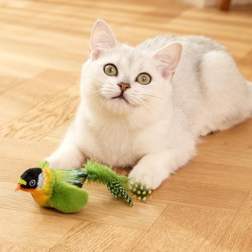 FOSDICK 3 Pièces Oiseau Volant pour Chat, Jouet Chat Interactif, Jouets pour Chats en Peluche, Simulation Peluche Oiseau Gazouillis Jouet Chaton, Cat Toy avec Herbe à Chat pour Griffer, Jouer, Mâcher – Image 6