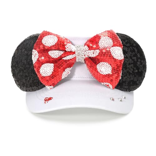 Mouse Ears Visors for Women Adult, Adjustable Sun Visor Hat Baseball Cap with Sequin Mouse Ears Bow for Theme Park Decoration White, Red