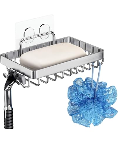 Image of Soap Holder for Bathroom, 304 Grade Stainless Steel Self Adhesive Wall Mounted Soap Tray with 4 Hooks, Soap Dish Case Waterproof, RustProof, Quick Drying (Pack of 2, Silver)