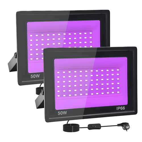 2 Stück 50W LED Schwarzlicht Strahler, IP66 UV Schwarzlicht Fluter, 395-400nm LED UV Strahler, UV Licht mit Schalter für Halloween Dekorationen, Party Deko, Weihnachten, Neon Glühparty, Körperbemalung