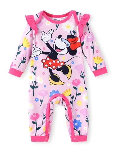 Image of Disney Stitch Princess Cinderella Ariel Minnie Winnie Baby Girls Ruffle Long Sleeve Romper Bodysuit for Newborn to Toddler