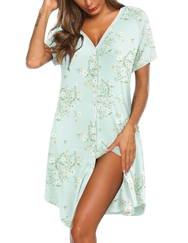 Image of Ekouaer Women's Button Down Nightgown Short Sleeve Sleepshirt V Neck Night Shirt Soft Pajamas Dress with Pockets